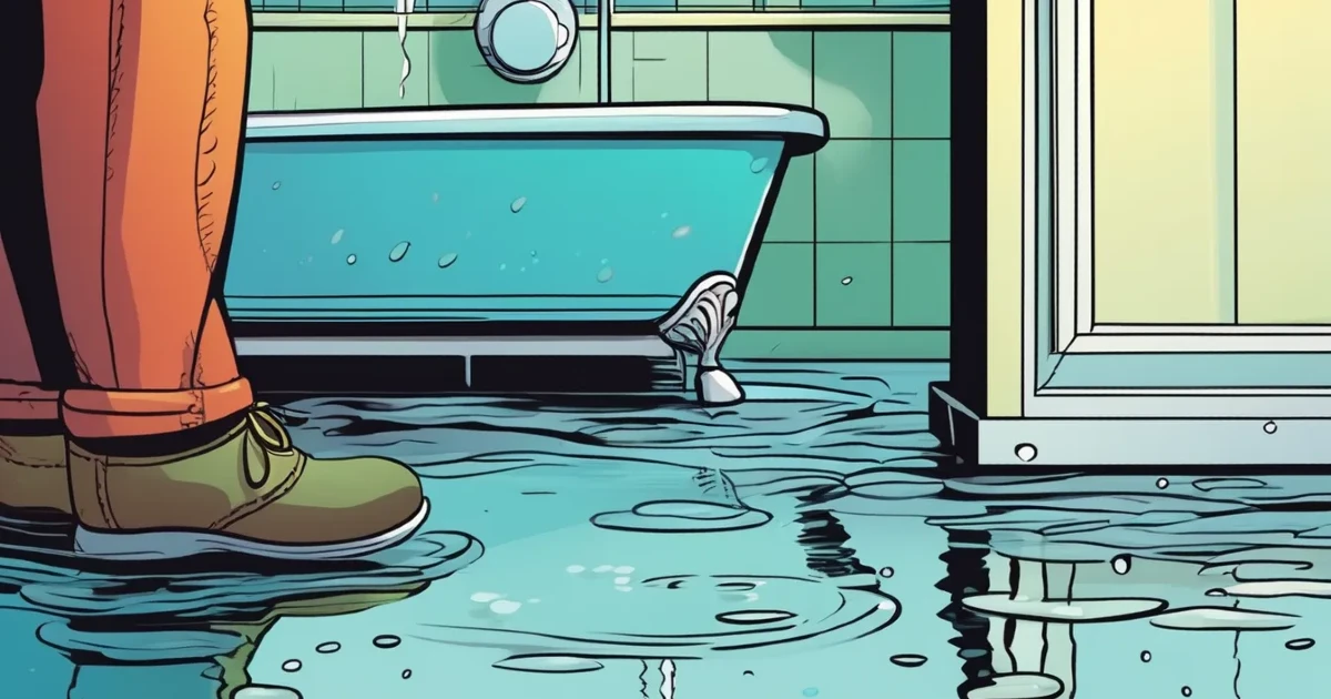 Person standing in a flooded bathroom from a clogged shower drain