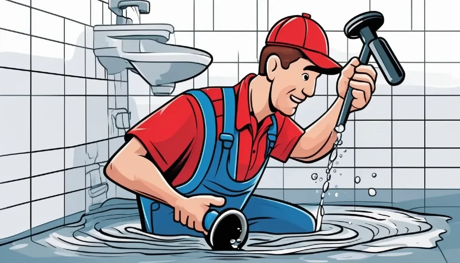 a plumber using a plunger to unclog a drain while standing in a flooded bathroom