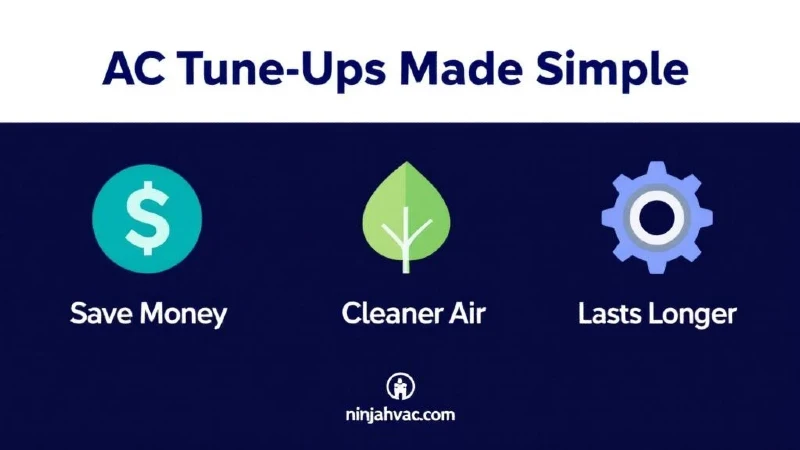 Minimal infographic with three icons highlighting AC tune-up benefits: save money, cleaner air, and lasts longer.