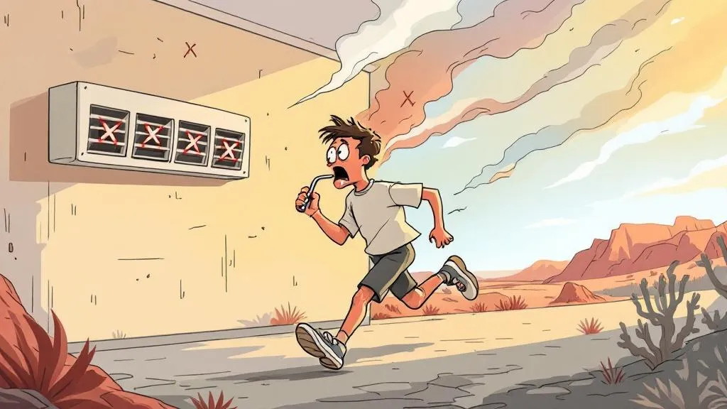 Cartoon of a runner breathing through a straw next to an HVAC system with closed vents, illustrating the inefficiency of closing vents in Utah homes.