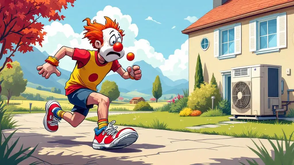 Cartoon of a runner in oversized clown shoes next to an HVAC system, debunking the myth that bigger HVAC systems are better for Utah homes.
