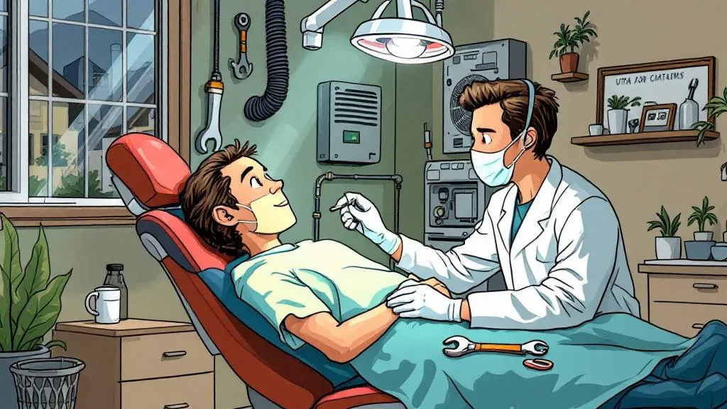 Illustration of an HVAC system in a dentist's chair being examined, debunking the myth that maintenance is only needed when problems arise in Utah.