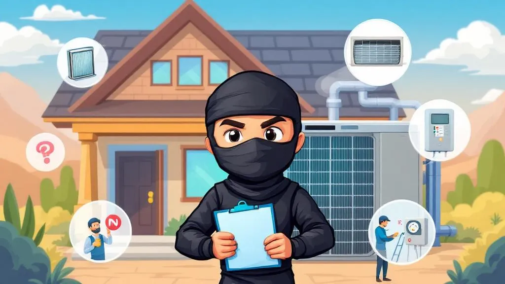 Cartoon ninja debunking HVAC myths with icons of clean filters, open vents, proper sizing, maintenance, and programmable thermostats, set against a Utah home.