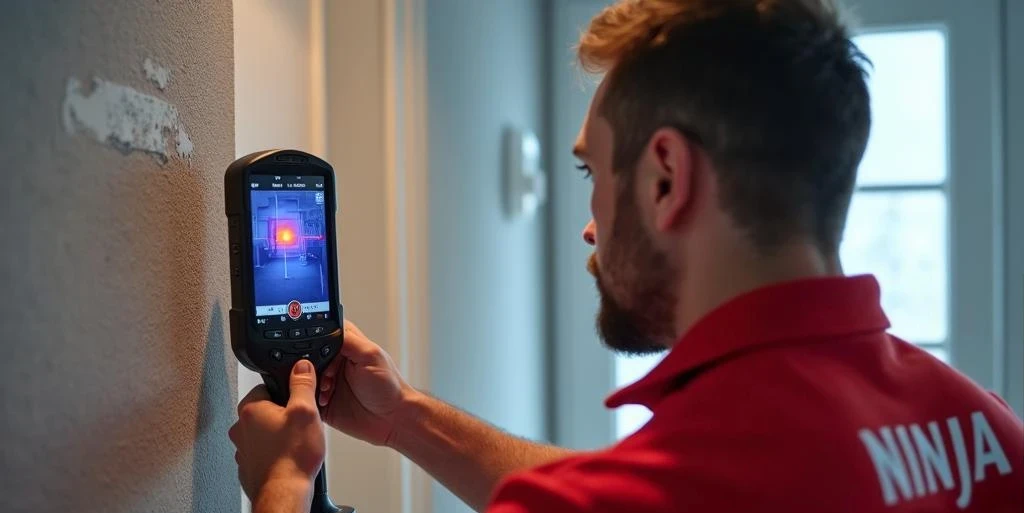 Advanced Leak Detection with Ninja Plumbing A plumber using a thermal imaging camera to detect a water leak in a home, with Ninja Plumbing logo on uniform.