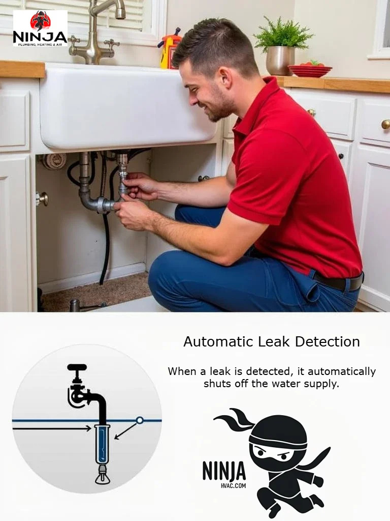 Plumber installing an automatic water shut-off valve under a sink, with a diagram showing its operation.