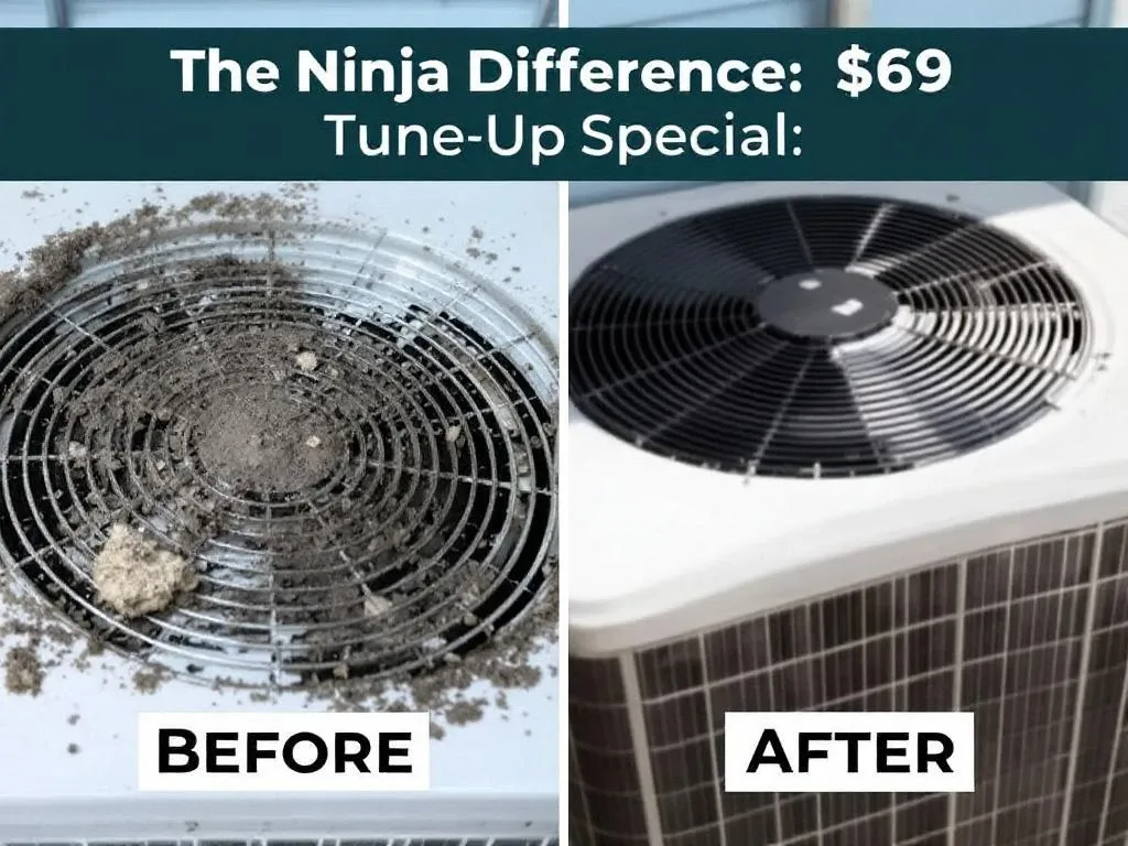 Before and after images of HVAC air filter cleaning, showcasing Ninja’s ac tune up results