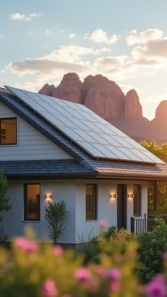 Energy efficient home depicted with solar panels on the roof and the red rock formations in the background.