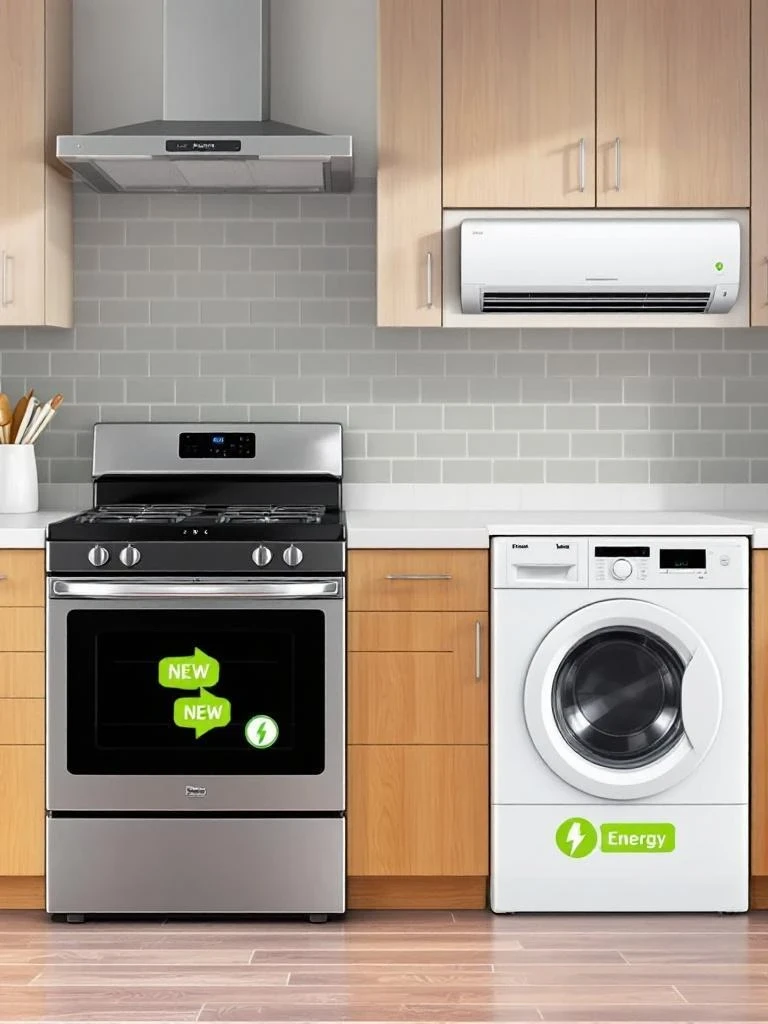 Kitchen with electric stove and heat pump dryer.