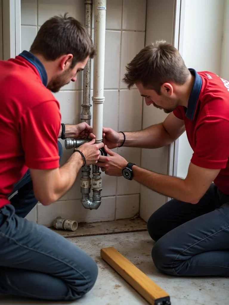 Plumbers repairing a water leak in a home, wearing Ninja Plumbing uniforms.