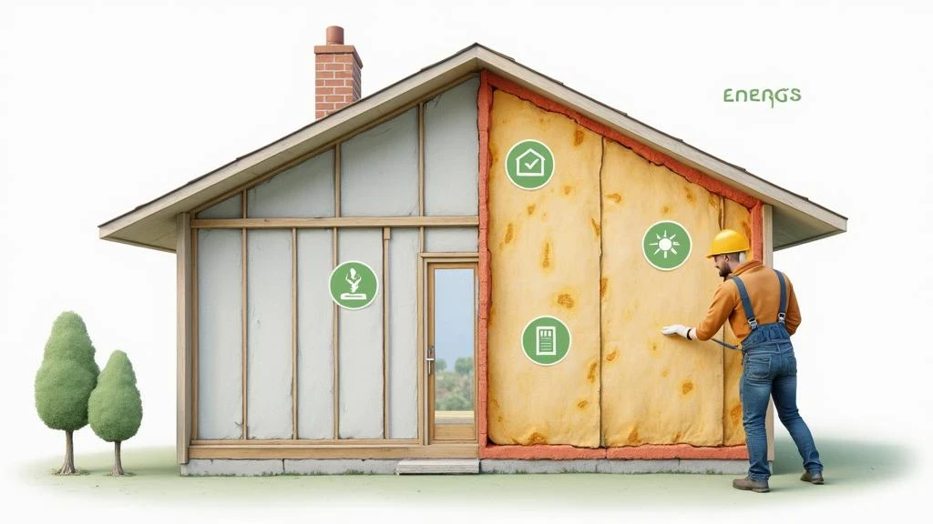 Worker installing insulation in a home's wall.