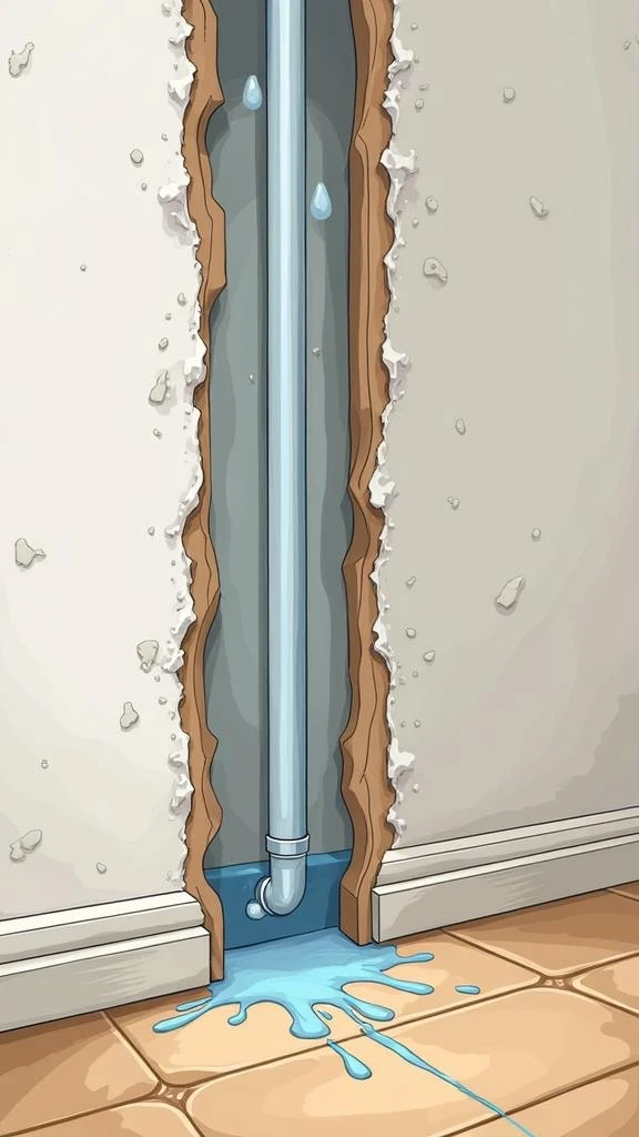 Unseen Dangers_ Hidden Water Leaks Illustrative cross-section of a wall showing a hidden water leak and resulting damage. Repair in Action
