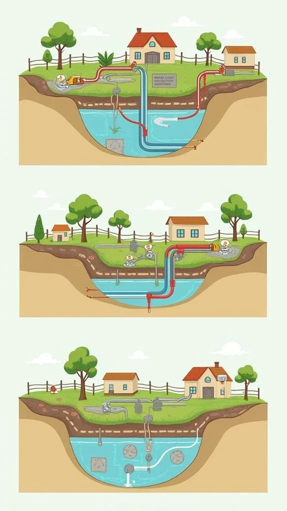 Step-by-step illustration of trenchless sewer line repair process