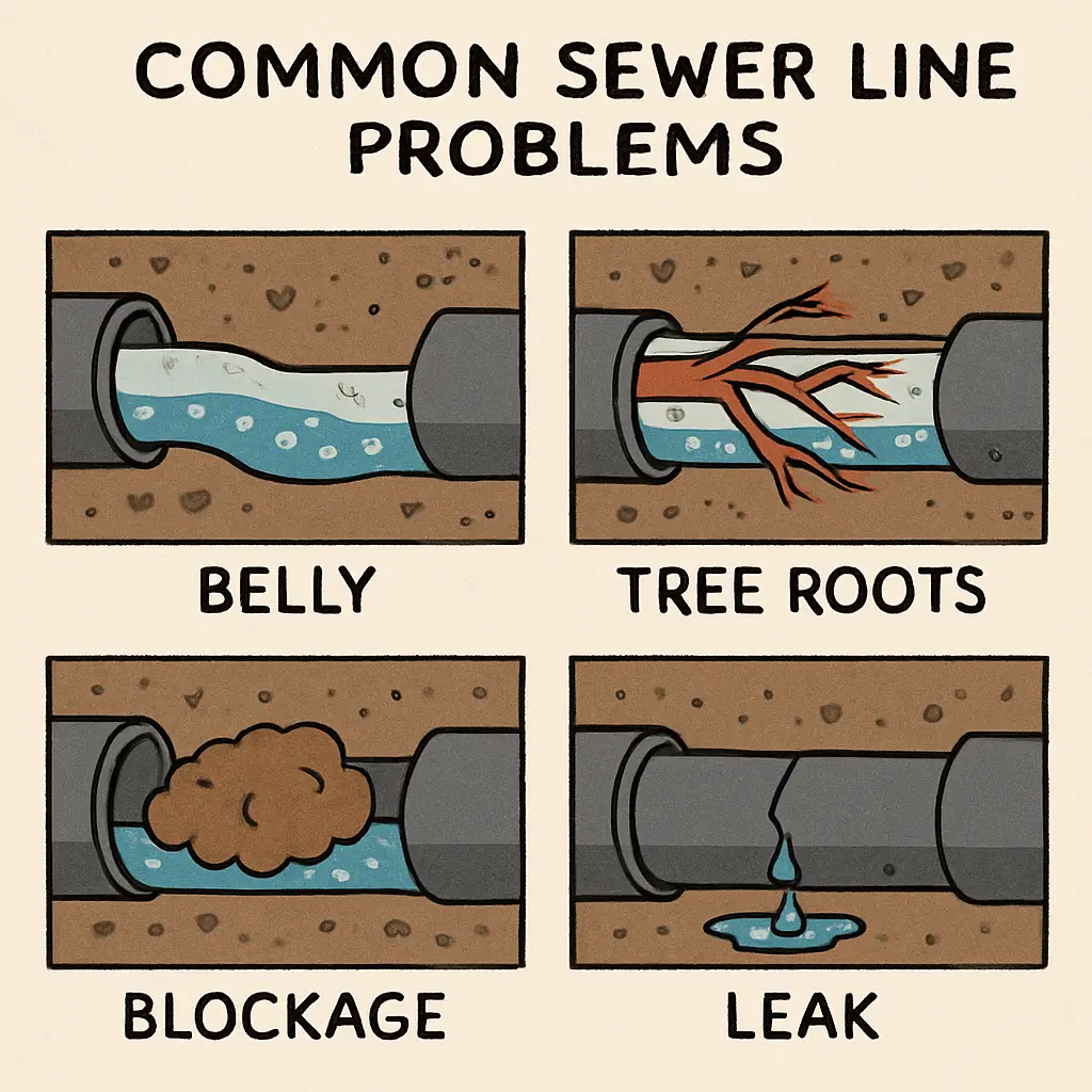 An infographic depicting common sewer line problems: bellies, tree roots, blockages, and leaks.