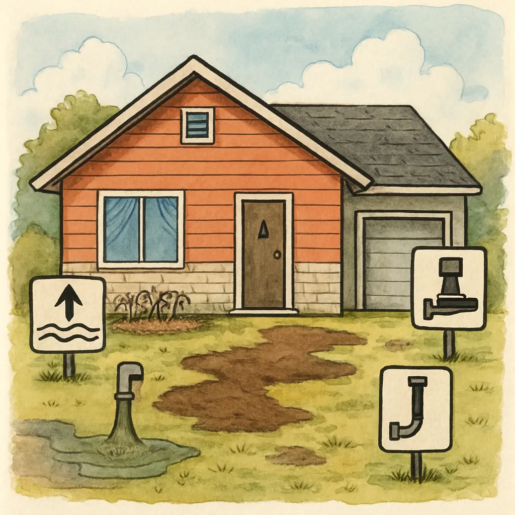 Picture showing a house and signs posted in the front yard depicting types of sewer line repairs