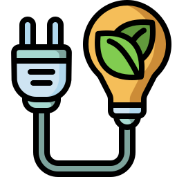 Icon depicting a plug, and lightbulb with a leaf inside showing energy efficiency.