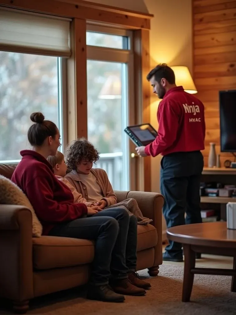 A cozy living room with a family enjoying warmth in winter, with a professional HVAC technician working on the system in the background, showcasing reliable HVAC services in Orem, Utah.