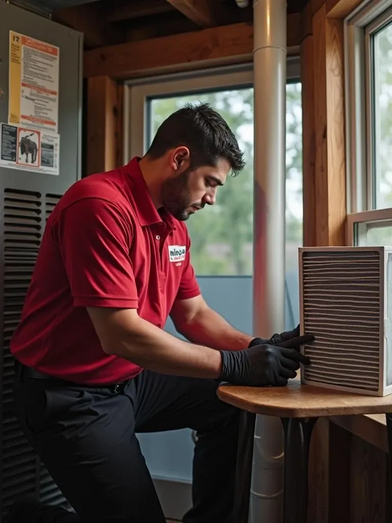 HVAC technician working on furnace with AC unit and air filter in view.