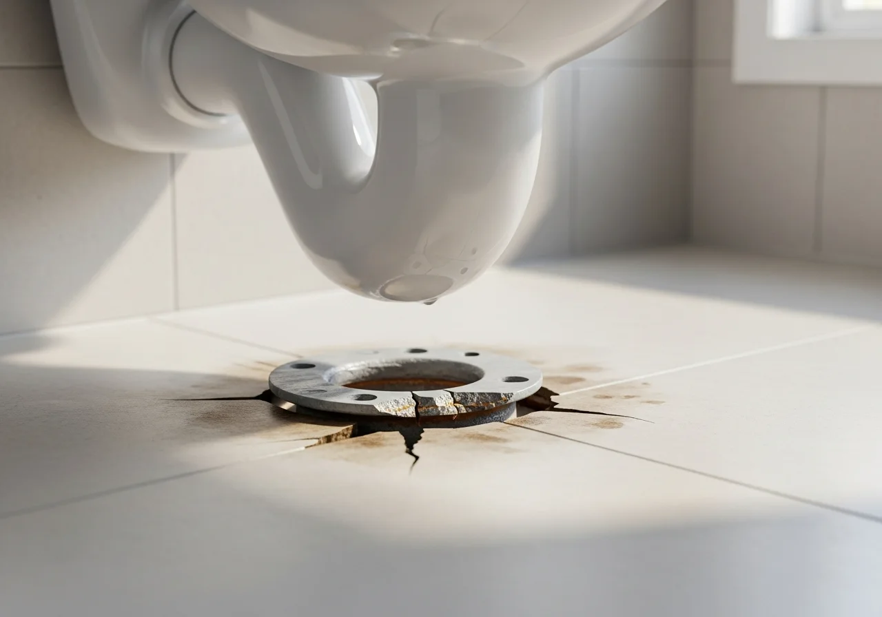Close-up of a cracked and corroded toilet flange on a tiled bathroom floor, showing signs of water staining.