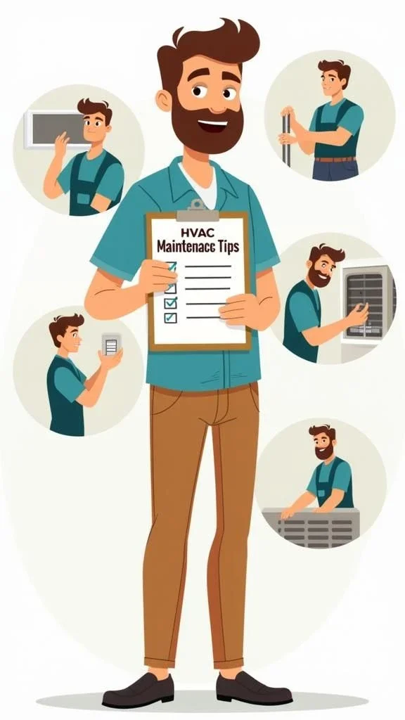 Homeowner with HVAC maintenance checklist and illustrations of key tasks.