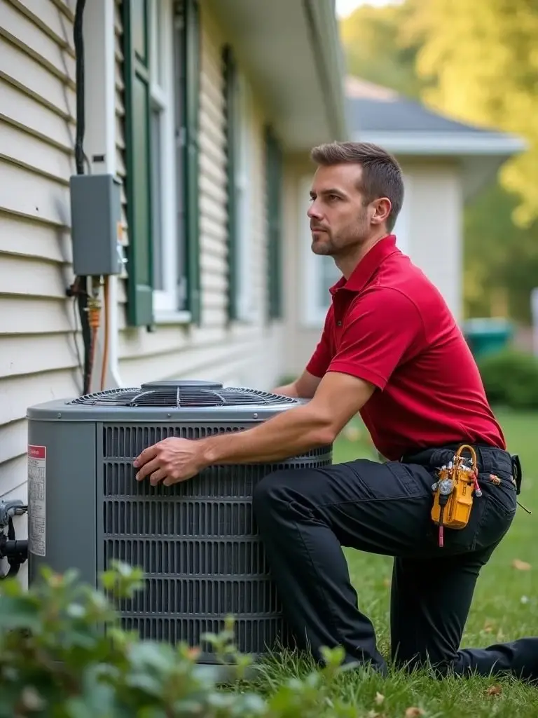 A technician in uniform installing an air conditioning unit on a house