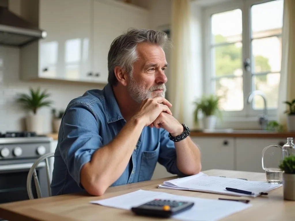 A person reviewing a quote for air conditioning replacement at a table with a calculator and documents