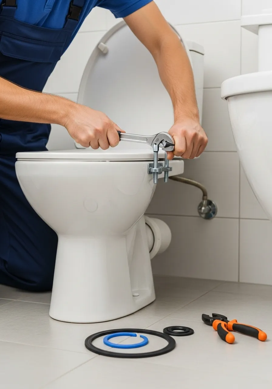 Professional plumber using a wrench to fix a toilet base leak in a modern bathroom.