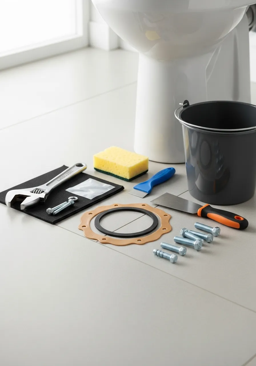 Collection of tools including a wrench, sponge, scraper, wax ring, bolts, and bucket for repairing a toilet base leak.