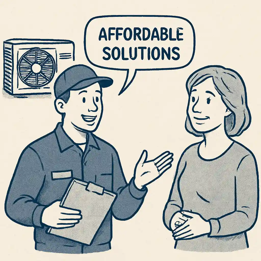 A cartoon drawing of an HVAC technician showing a client "affordable solutions"