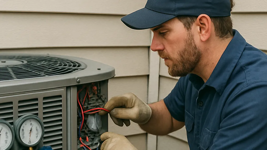 Ninja HVAC service technician working on an outdoor AC condenser.