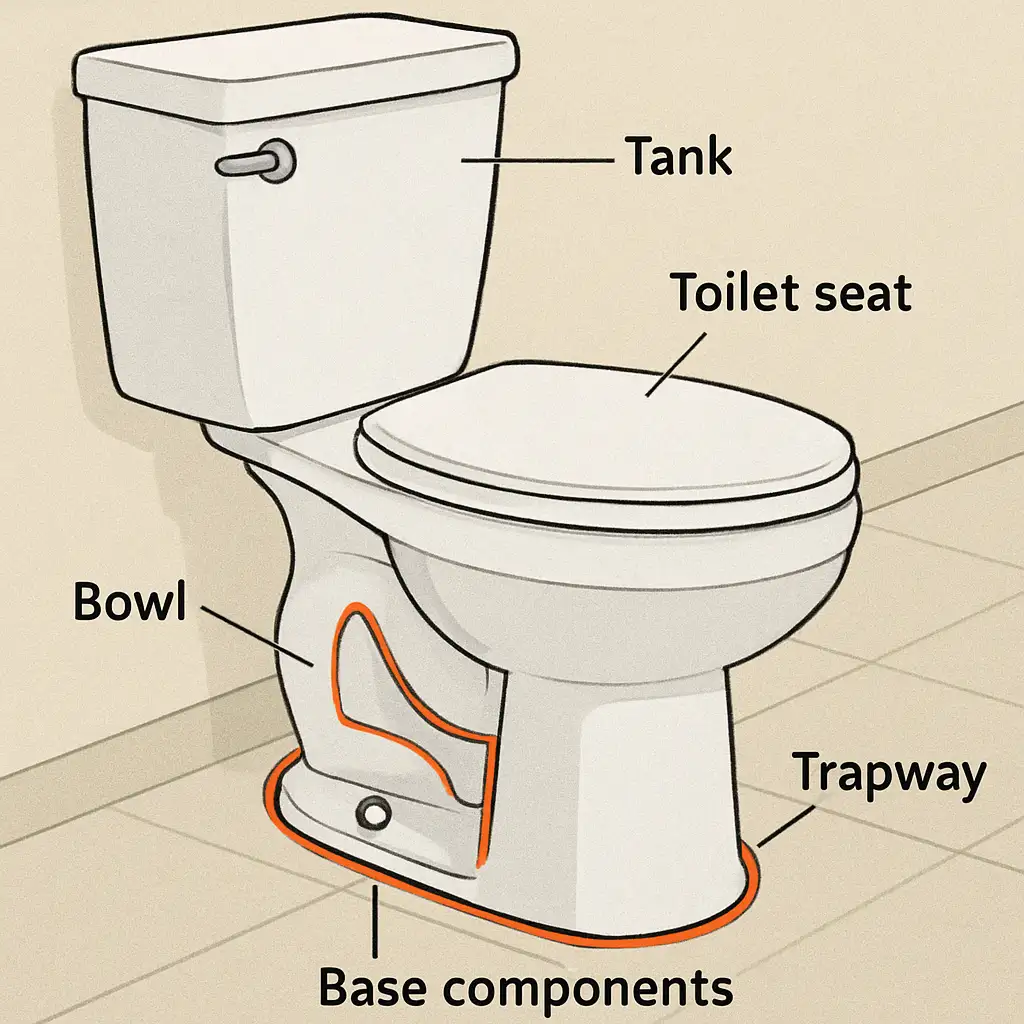 A graphic of a toilet, and it's parts. Including, the tank, toilet seat, bowl, trapway, and base components.