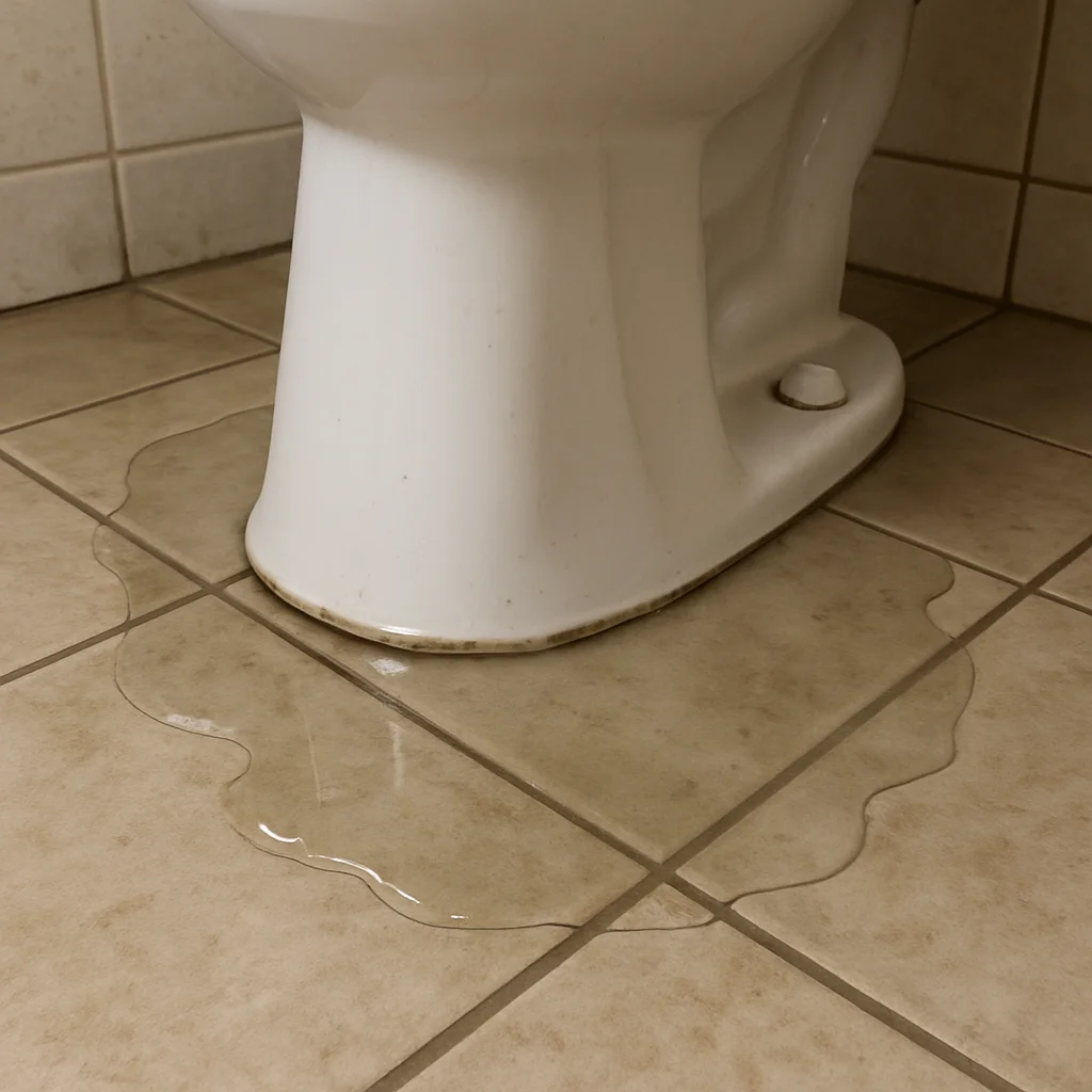 A picture of the bottom of a toilet with water leaking out from the base of it.