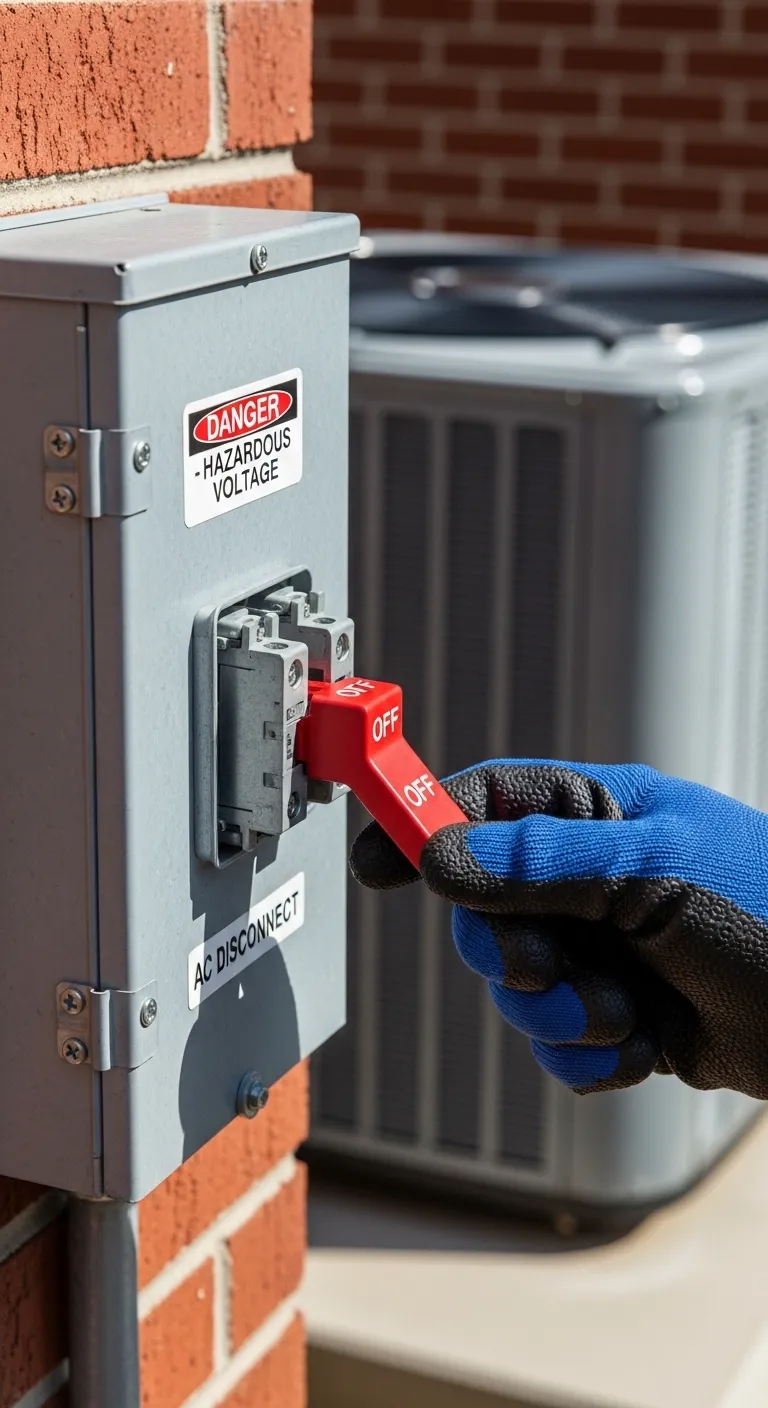 Close-up of a gloved hand pulling the electrical shut-off block from the service disconnect box next to an outdoor air conditioner.