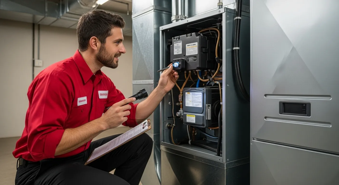 HVAC technician performs a detailed annual check-up and tune-up on a gas furnace in a residential basement.