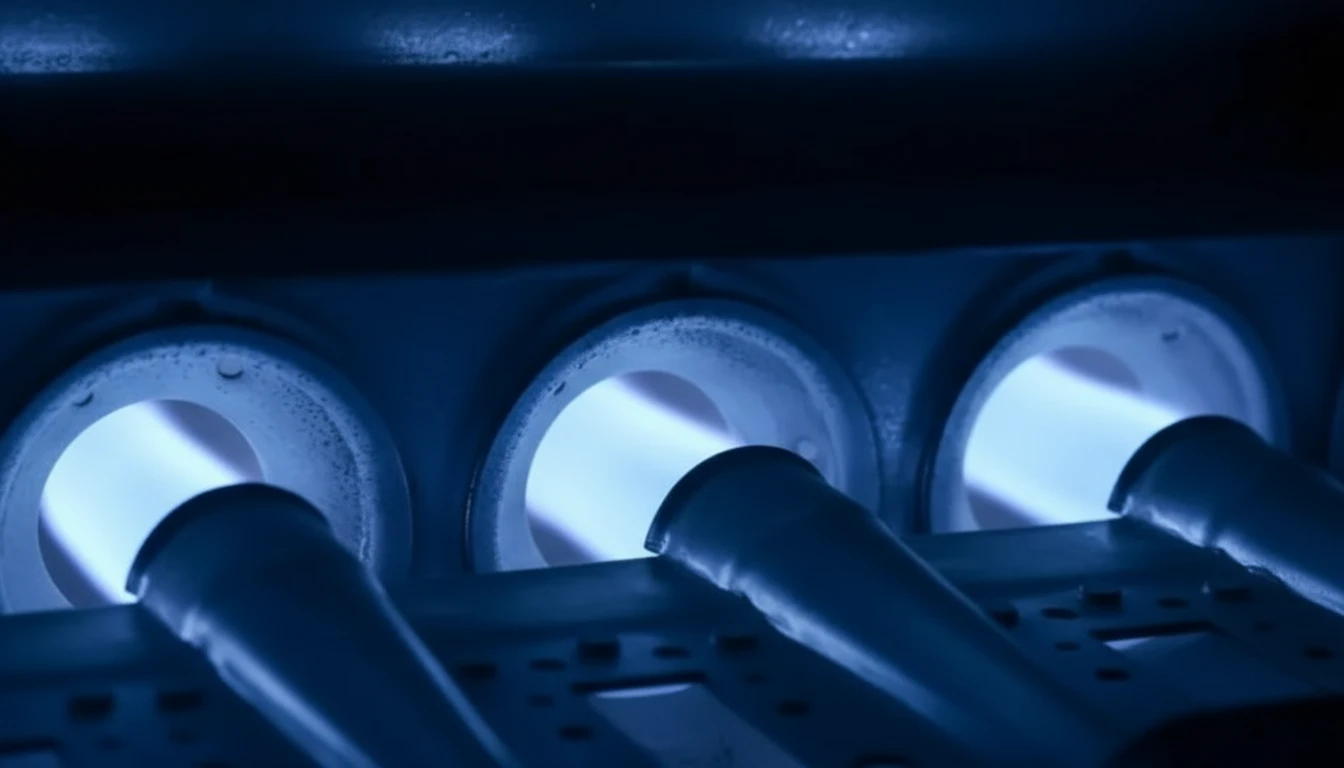Close-up of a perfectly blue, steady flame in a furnace burner chamber, indicating the ignition system is operating correctly.