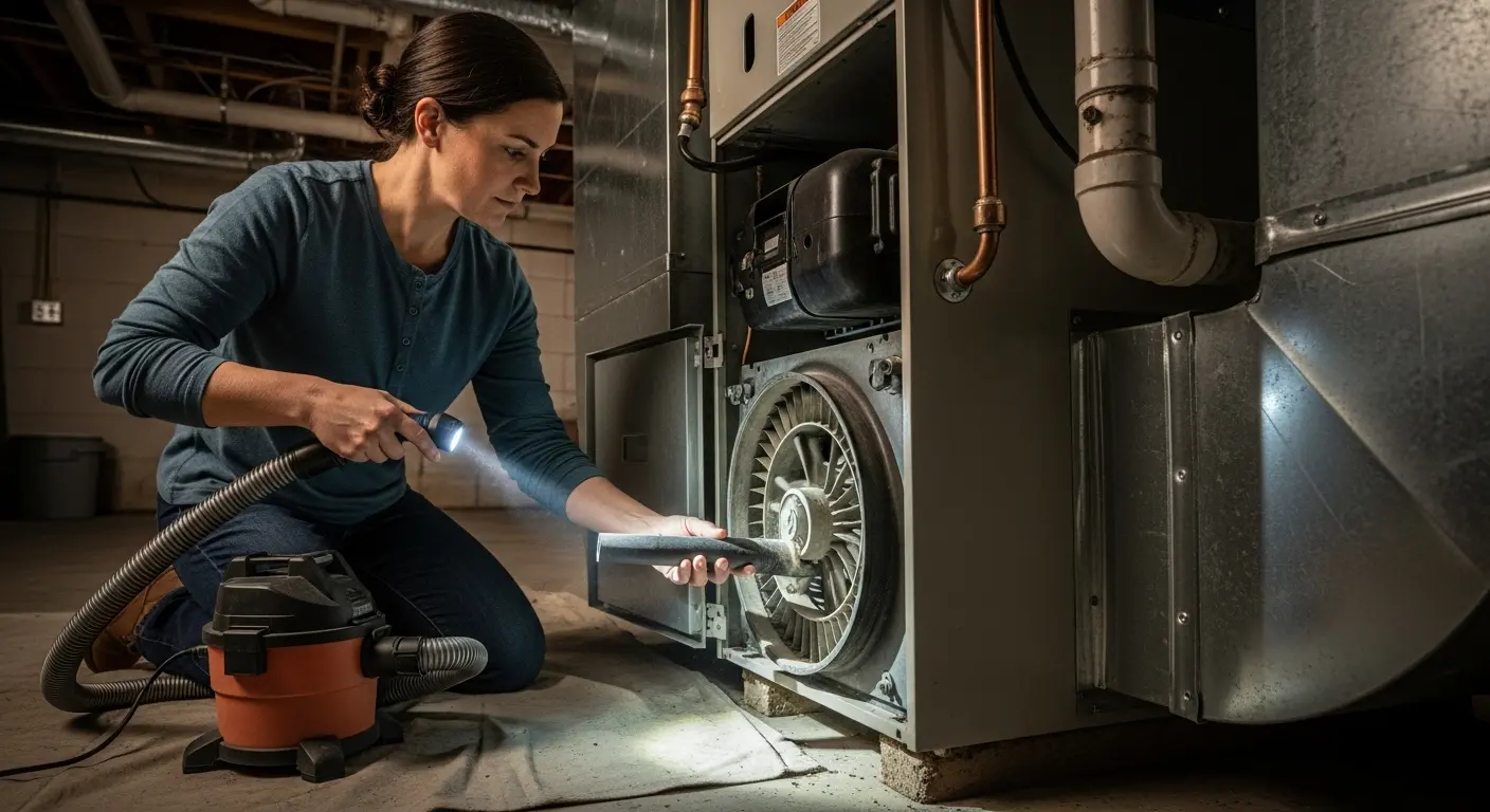 A homeowner performing DIY maintenance by cleaning accumulated dust and dirt from the blades of the furnace's blower motor.