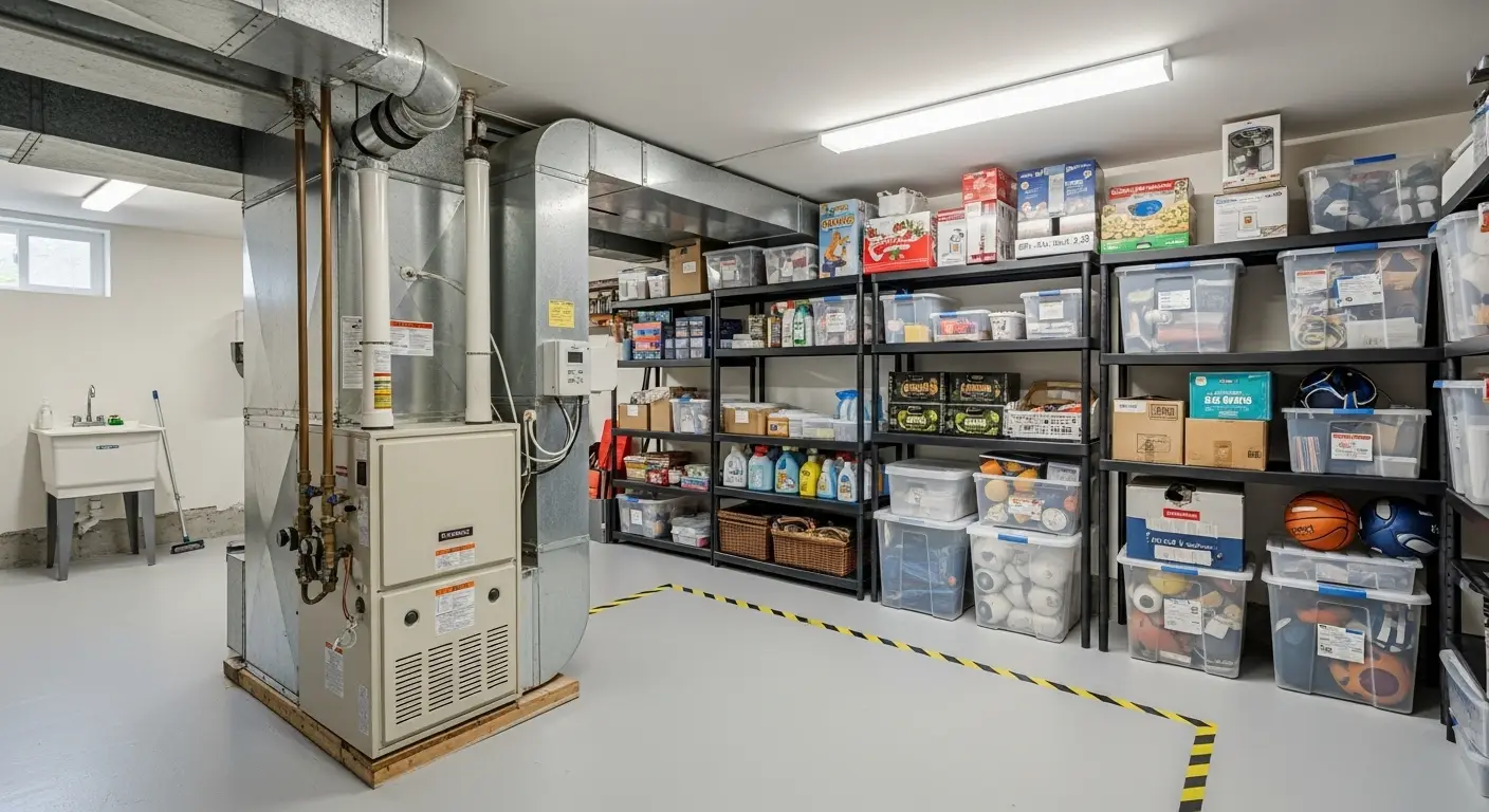 A clean and organized utility area showing a gas furnace with all boxes and flammable items moved a safe distance away.