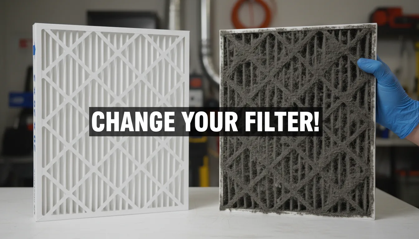 A person holding a heavily dust-clogged, dark gray air filter next to a brand-new, white filter for comparison, highlighting the need for replacement.