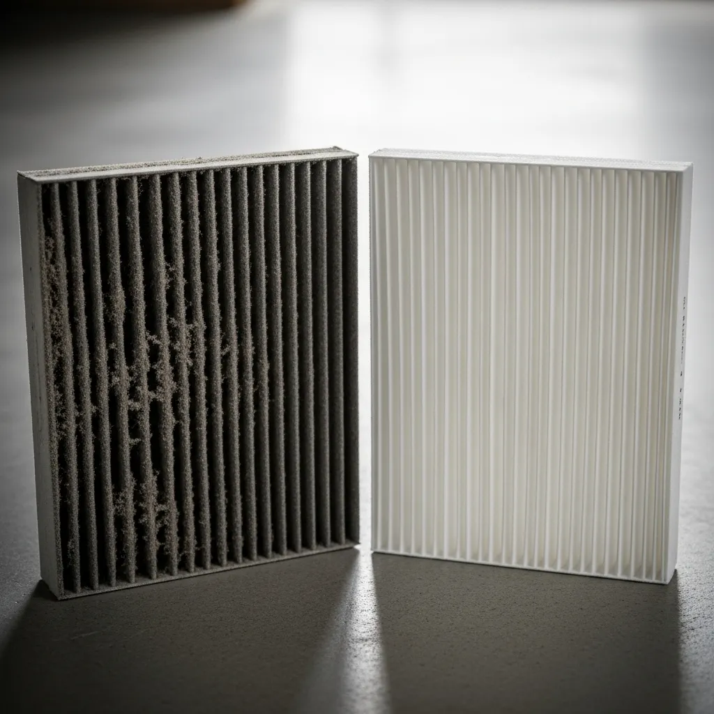 Close-up of a dark, clogged air filter pulled out next to a clean, white replacement filter.