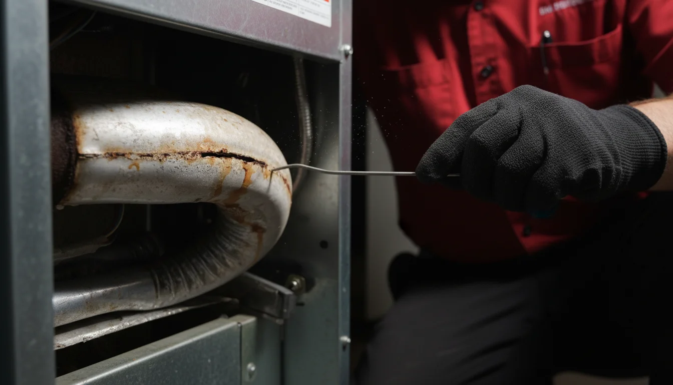 A close-up of a technician's tool inspecting a hairline crack on a furnace's metal heat exchanger, highlighting a potential carbon monoxide leak risk.