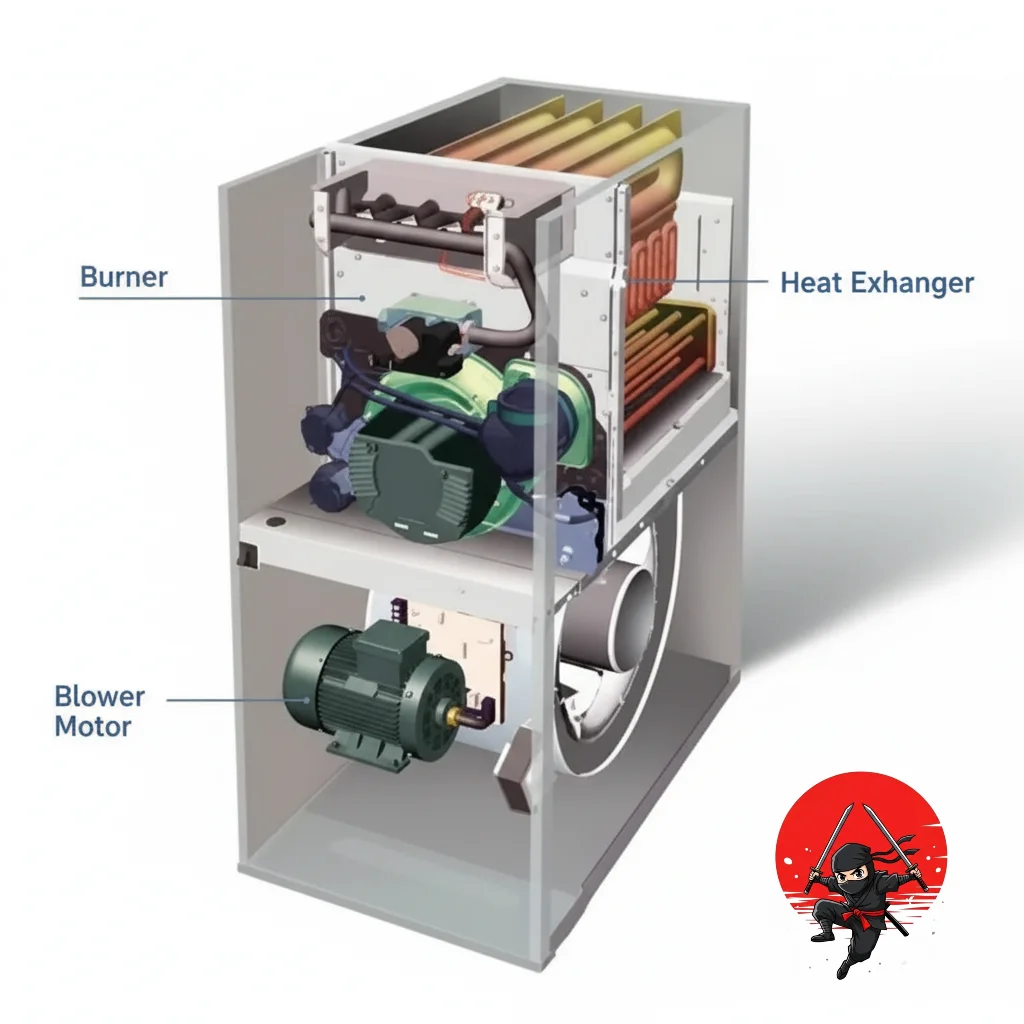 Cross-section diagram or illustration of a gas furnace highlighting the heat exchanger, blower, and burner.