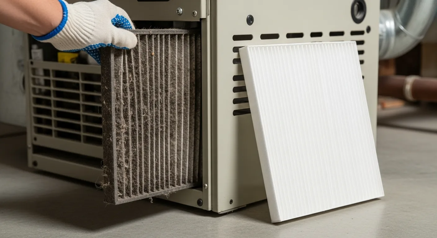 A hand removing a very dirty, gray furnace air filter next to a pristine, clean replacement filter.