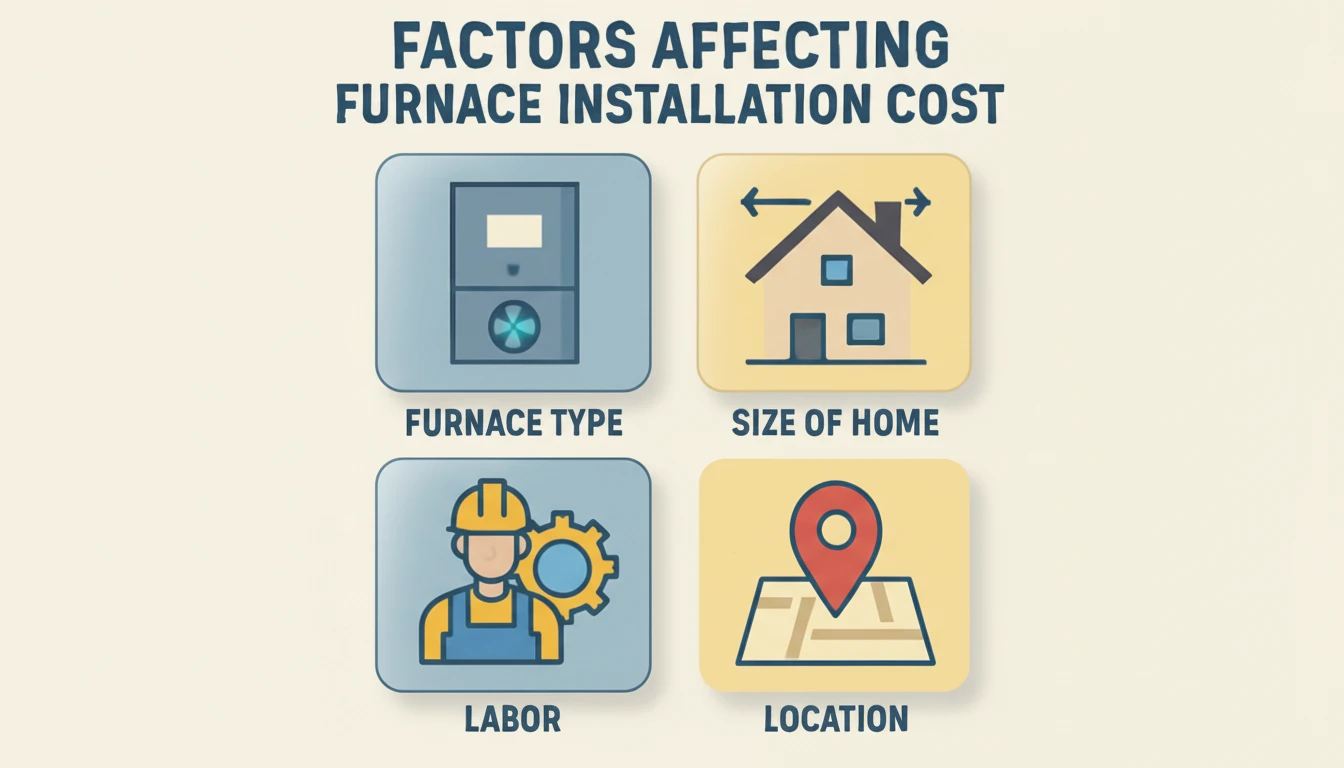 A graphic titled "FACTORS AFFECTING FURNACE INSTALLATION COST" is displayed on a beige background. The title is in large, dark blue, sans-serif font. Below the title, there are four square panels arranged in a two-by-two grid, each containing an icon and a label in dark blue, sans-serif font.</p>
<p>The top-left panel, with a light blue background, features an icon of a furnace. The furnace is a vertical, rectangular unit colored light blue with dark blue outlines. It has a small rectangular screen or panel near the top and a circular vent with fan blades near the bottom. The label below is "FURNACE TYPE".</p>
<p>The top-right panel, with a light tan background, features an icon of a house. The house is a simple two-story structure, colored light tan with a dark gray roof and dark blue outlines. It has a door and several windows, all outlined in dark blue. Dark blue arrows point outwards from the sides of the house, suggesting measurement. The label below is "SIZE OF HOME".</p>
<p>The bottom-left panel, with a light blue background, features an icon representing labor. It shows a male construction worker or technician wearing a yellow hard hat and blue overalls over a yellow shirt. His face is stylized with simple features, and his skin tone is a light tan. Next to his head is a large, stylized gear icon, colored yellow and dark blue, indicating mechanical work or industry. The label below is "LABOR".</p>
<p>The bottom-right panel, with a light tan background, features an icon representing location. It shows a simplified map with a network of dark blue lines on a light tan surface, and a prominent red location pin with a white tip centered over the map. The label below is "LOCATION".