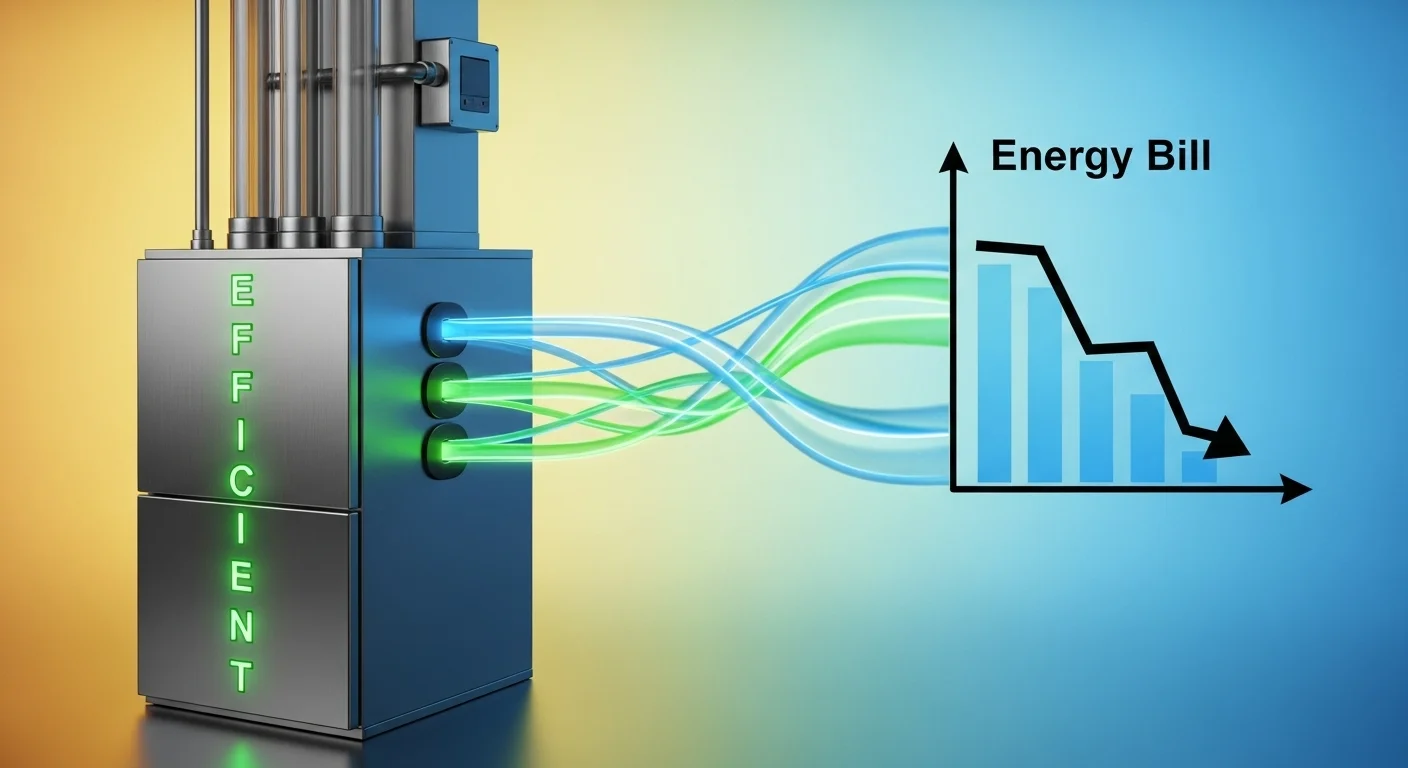 Illustration linking a highly efficient, serviced furnace with a chart showing a significant reduction in home heating energy bills.