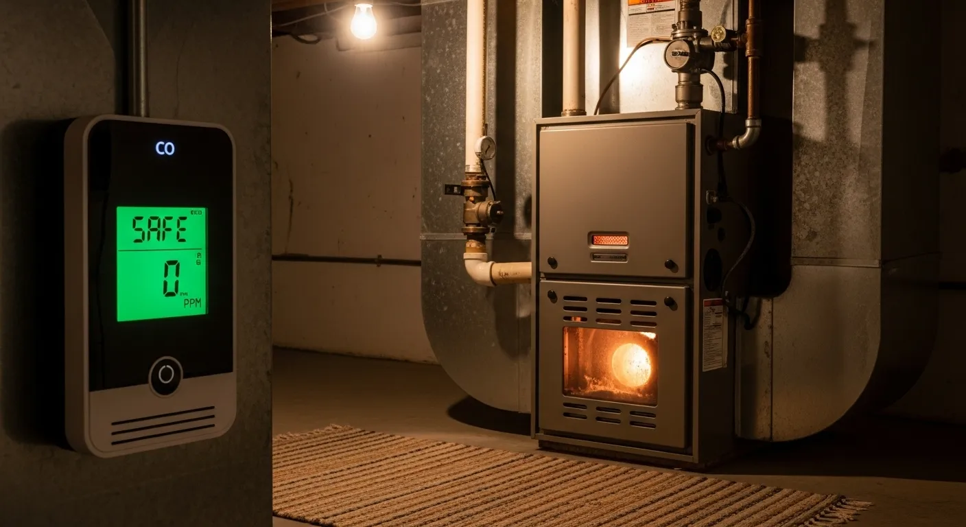 A close-up of a digital carbon monoxide detector mounted near a home furnace, indicating a safe, functional heating system.