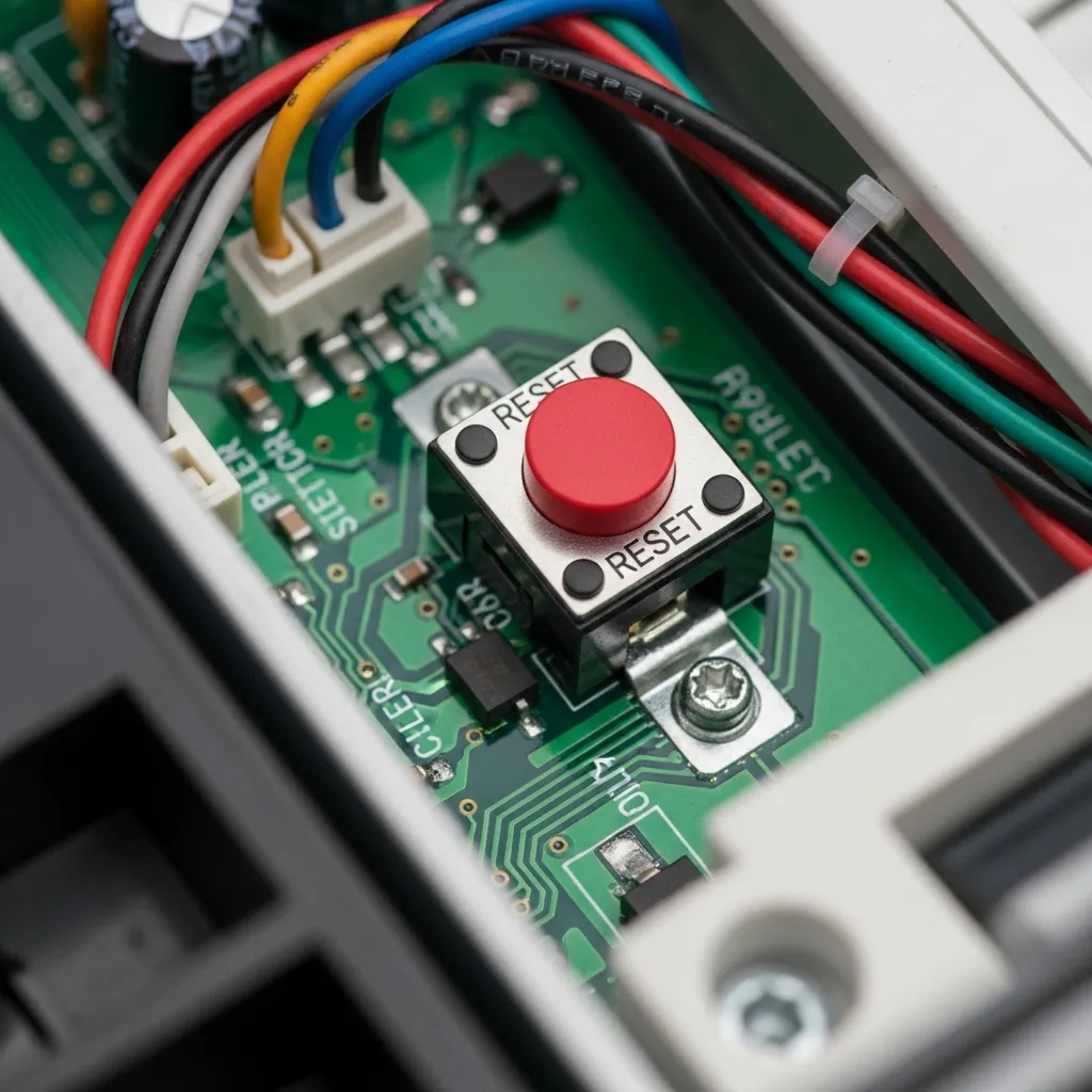 Extreme close-up of a small, red momentary switch labeled 'RESET' situated on a green circuit board inside the access panel of a mini-split heat pump unit.