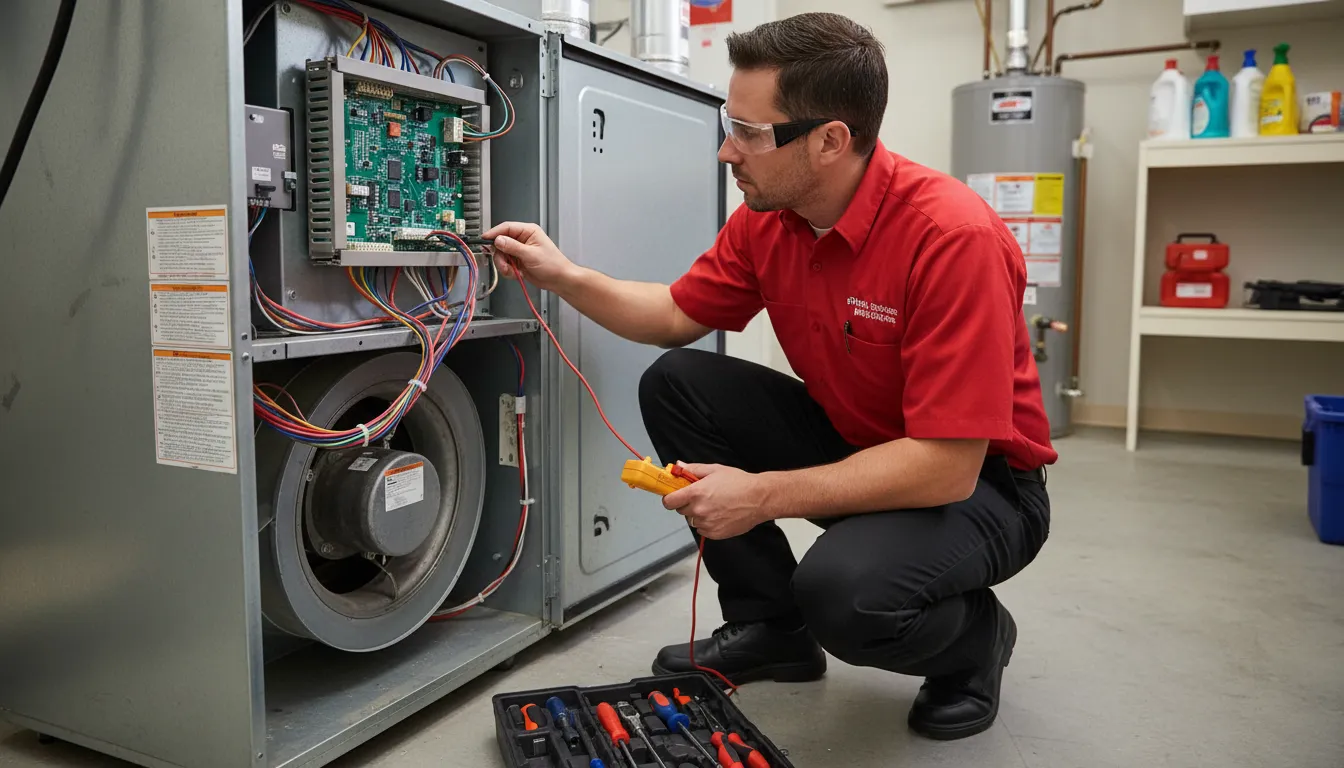 A professional HVAC technician wearing a uniform and holding tools, working on the control panel of a gas furnace.