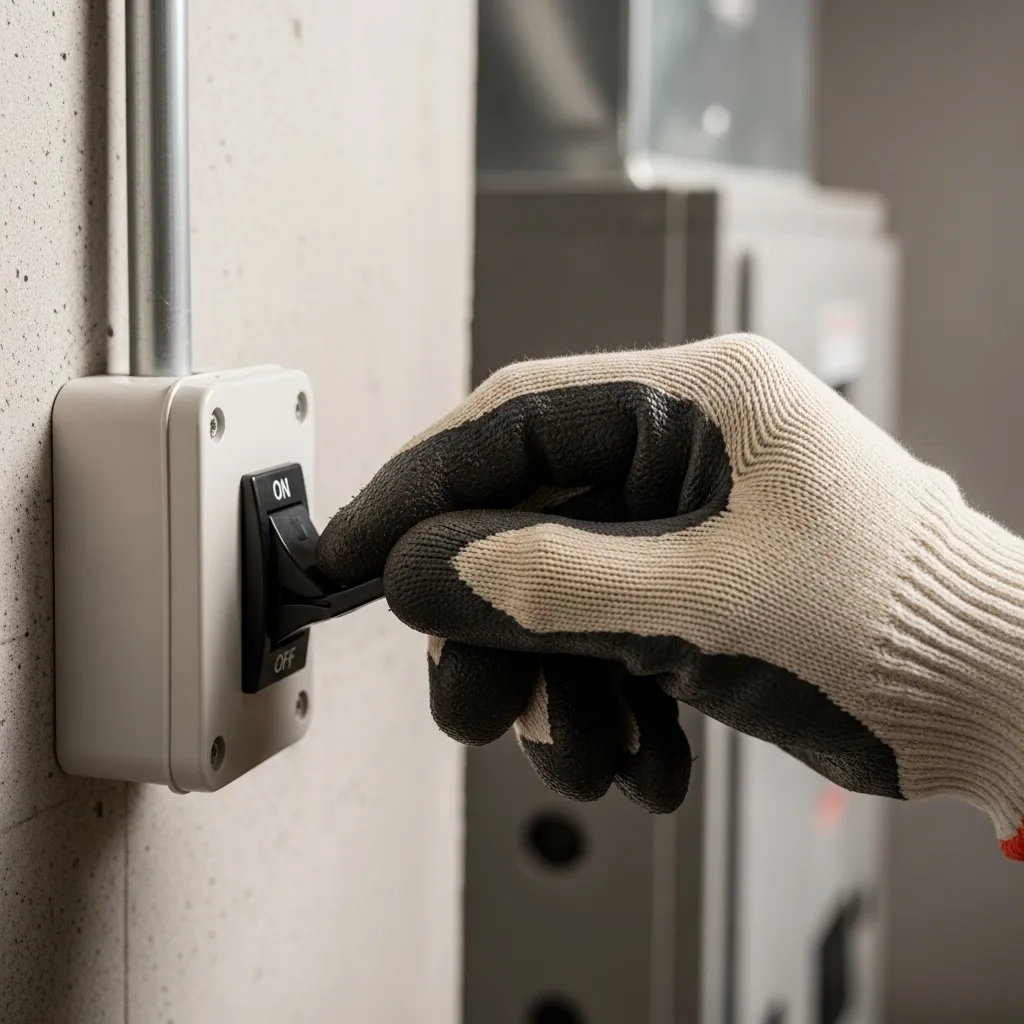 A homeowner's hand flipping the wall-mounted electrical shut-off switch for a gas furnace to the 'Off' position.