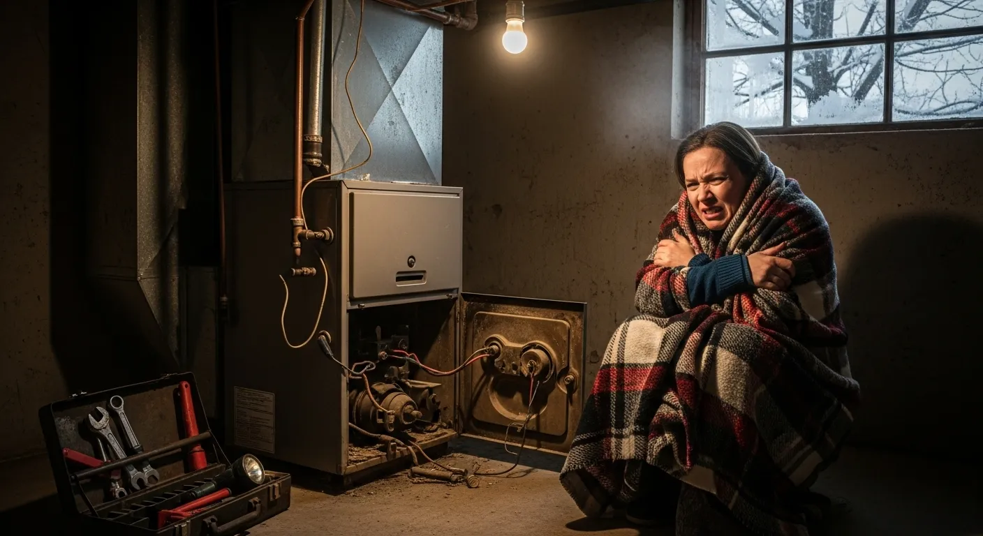 A frustrated homeowner standing next to a malfunctioning, non-operational furnace, symbolizing a sudden, costly winter heating emergency.