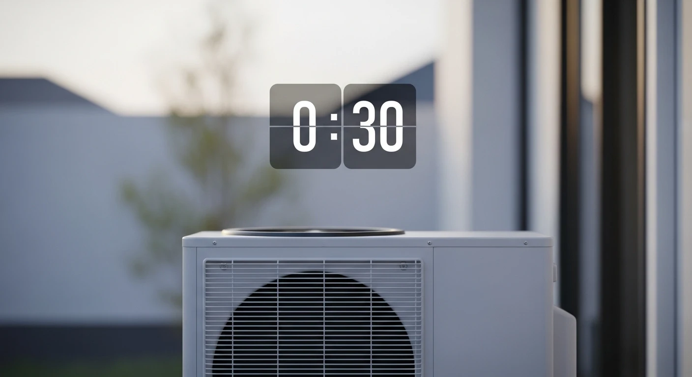 Conceptual image of a powered-down, quiet outdoor AC unit with a digital 5-minute timer hovering over it, symbolizing the required wait time.