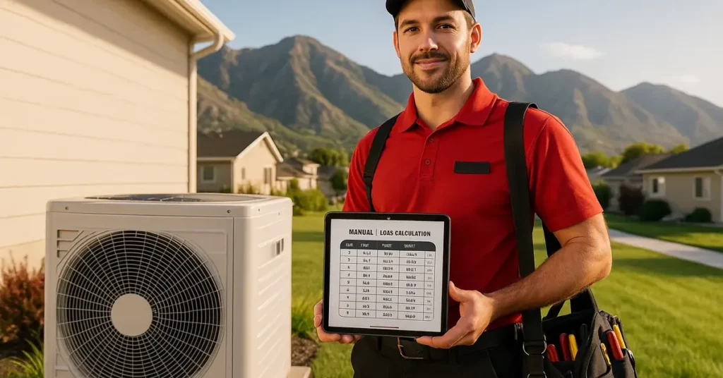 HVAC technician holding Manual J load calculation tablet next to residential AC unit in Utah